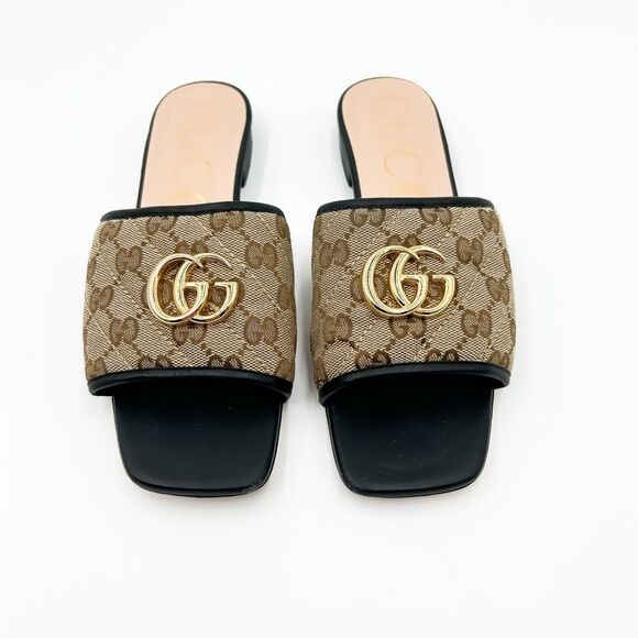 Gucci GG Quilted Monogram Sandals Slides Mules EU 38 US 8 Brown Gold - Picture 3 of 11